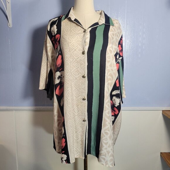 Vintage Kathie Lee Plus Size 22W Cream Green Pink Floral Print Button Up Blouse - Picture 1 of 10